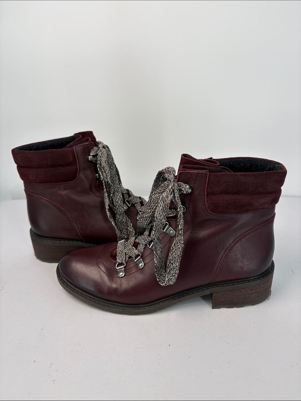 🪃 Sam Edelman Burgundy Lace-Up Leather Ankle Boots hiking - Picture 2 of 7